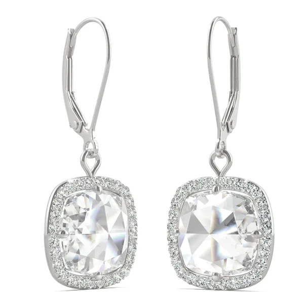 4.25 CTW DEW Cushion Forever One Moissanite Halo Drop Earrings in 14K White Gold