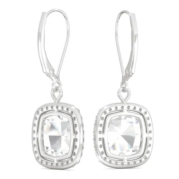 4.25 CTW DEW Cushion Forever One Moissanite Halo Drop Earrings in 14K White Gold