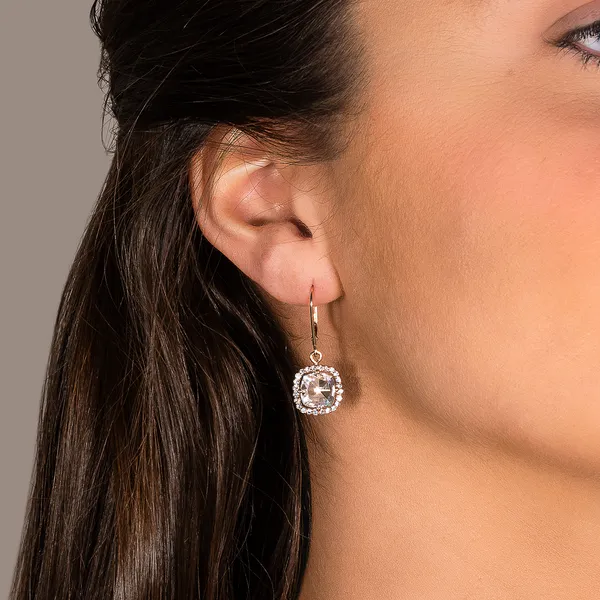 2.98 CTW DEW Cushion Forever One Moissanite Halo Drop Earrings in 14K Yellow Gold