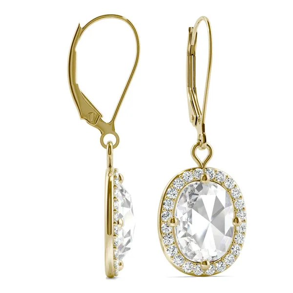 2.98 CTW DEW Cushion Forever One Moissanite Halo Drop Earrings in 14K Yellow Gold
