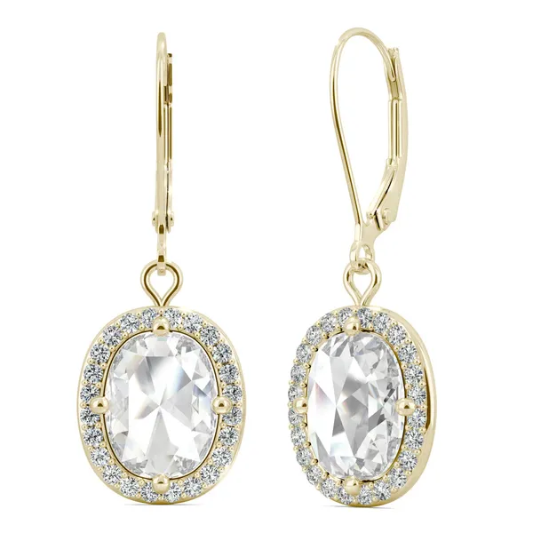 2.98 CTW DEW Cushion Forever One Moissanite Halo Drop Earrings in 14K Yellow Gold