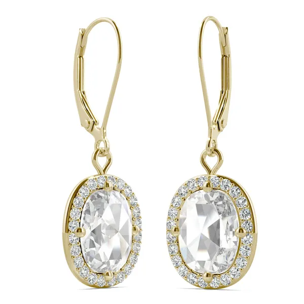 2.98 CTW DEW Cushion Forever One Moissanite Halo Drop Earrings in 14K Yellow Gold