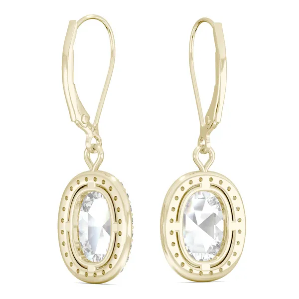 2.98 CTW DEW Cushion Forever One Moissanite Halo Drop Earrings in 14K Yellow Gold