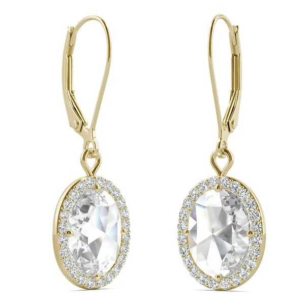 2.58 CTW DEW Oval Forever One Moissanite Halo Drop Earrings in 14K Yellow Gold