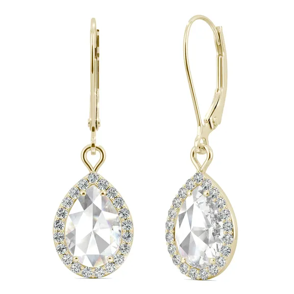 2.02 CTW DEW Pear Forever One Moissanite Halo Drop Earrings in 14K Yellow Gold