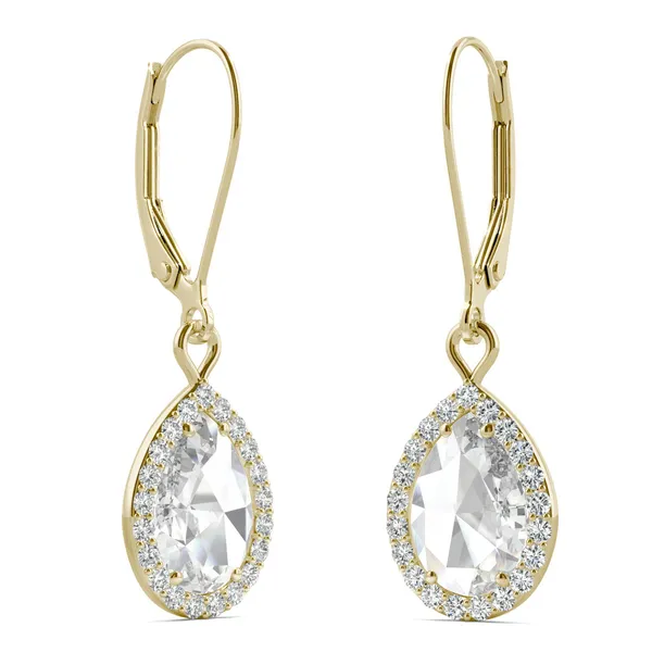2.02 CTW DEW Pear Forever One Moissanite Halo Drop Earrings in 14K Yellow Gold