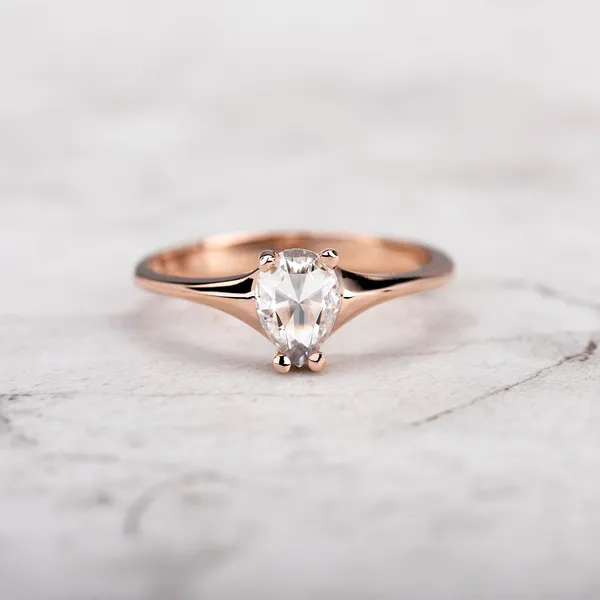0.45 CTW DEW Pear Forever One Moissanite Solitaire Ring in 14K Rose Gold