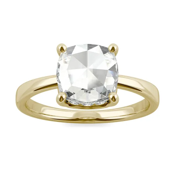 1.46 CTW DEW Cushion Forever One Moissanite Solitaire with Hidden Accents Ring in 14K Yellow Gold