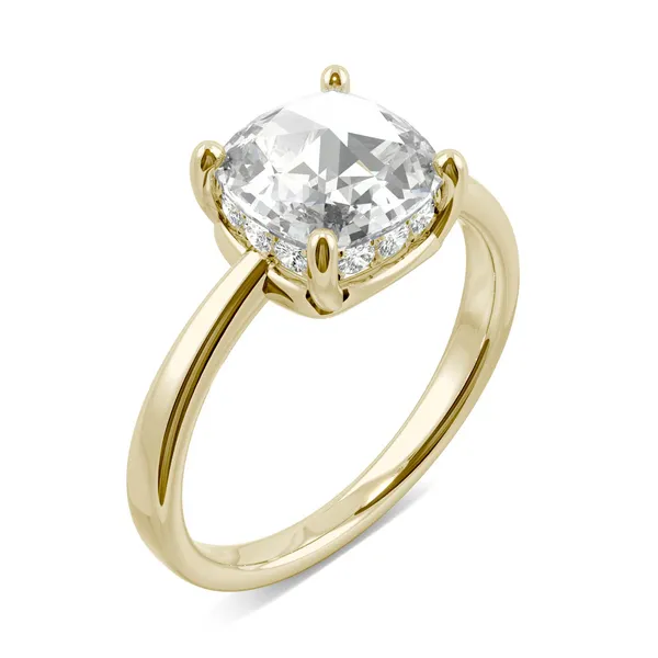 1.46 CTW DEW Cushion Forever One Moissanite Solitaire with Hidden Accents Ring in 14K Yellow Gold