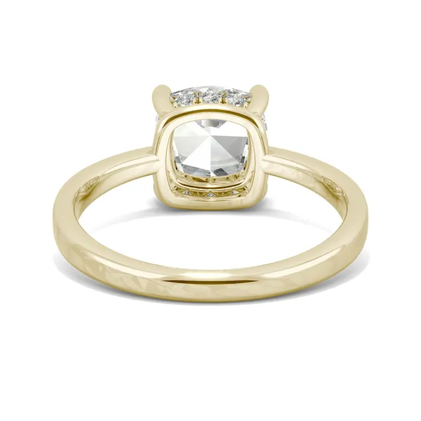 1.46 CTW DEW Cushion Forever One Moissanite Solitaire with Hidden Accents Ring in 14K Yellow Gold