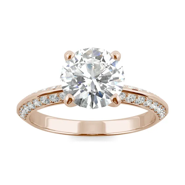 2.28 CTW DEW Round Forever One Moissanite Knife Edge Accented Engagement Ring in 14K Rose Gold