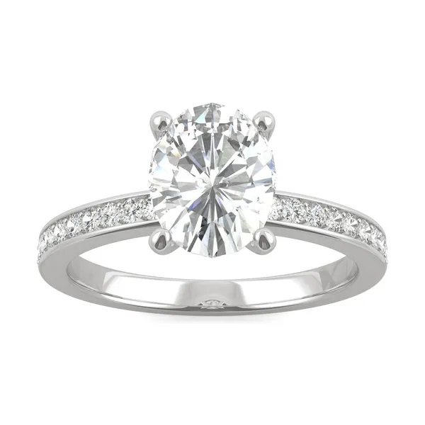 2.28 CTW DEW Oval Forever One Moissanite Channel Bead Set Engagement Ring in 14K White Gold