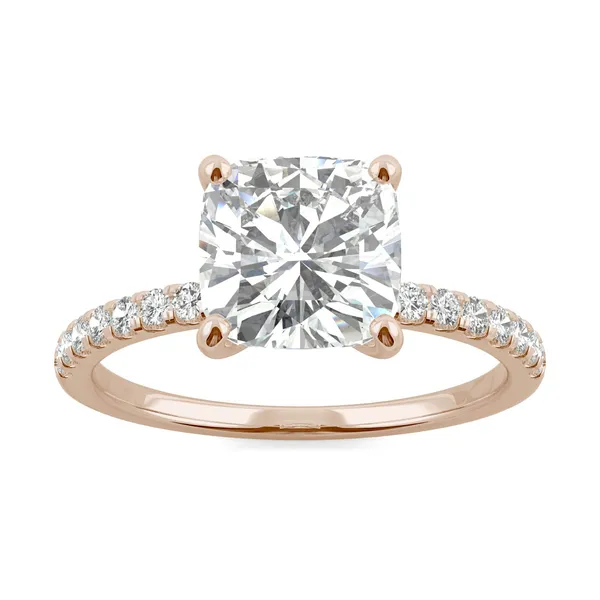 2.52 CTW DEW Cushion Forever One Moissanite Side Stone Engagement Ring in 14K Rose Gold