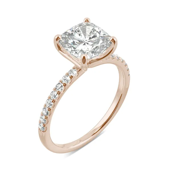 2.52 CTW DEW Cushion Forever One Moissanite Side Stone Engagement Ring in 14K Rose Gold