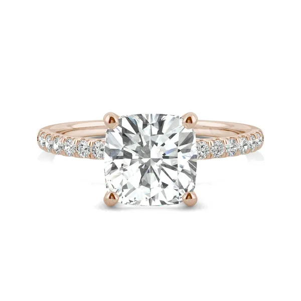 2.52 CTW DEW Cushion Forever One Moissanite Side Stone Engagement Ring in 14K Rose Gold