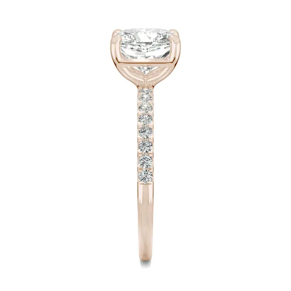 2.52 CTW DEW Cushion Forever One Moissanite Side Stone Engagement Ring in 14K Rose Gold