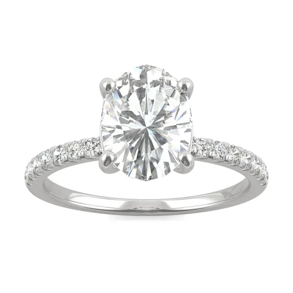 2.34 CTW DEW Oval Forever One Moissanite Side Stone Engagement Ring in 14K White Gold