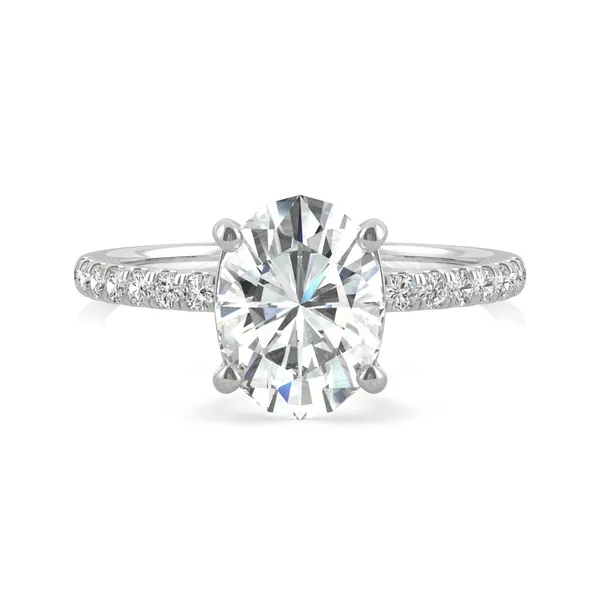 2.34 CTW DEW Oval Forever One Moissanite Side Stone Engagement Ring in 14K White Gold