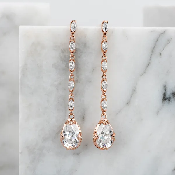 8.90 CTW DEW Forever One Moissanite Pear & Marquise Drop Earrings in 14K Rose Gold