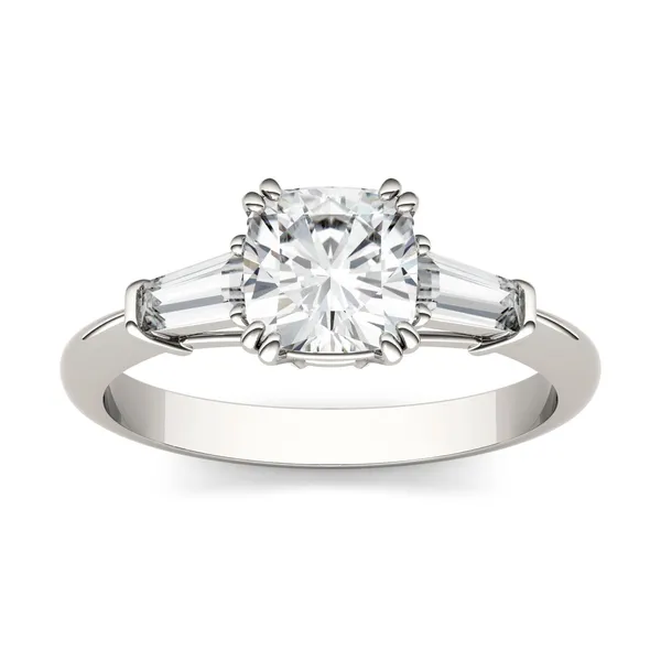 1.38 CTW DEW Cushion Forever One Moissanite Three Stone Engagement Ring in Platinum