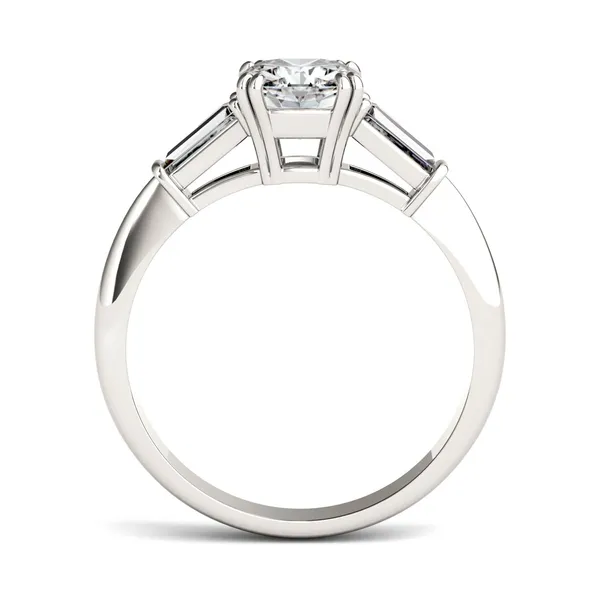 1.38 CTW DEW Cushion Forever One Moissanite Three Stone Engagement Ring in Platinum