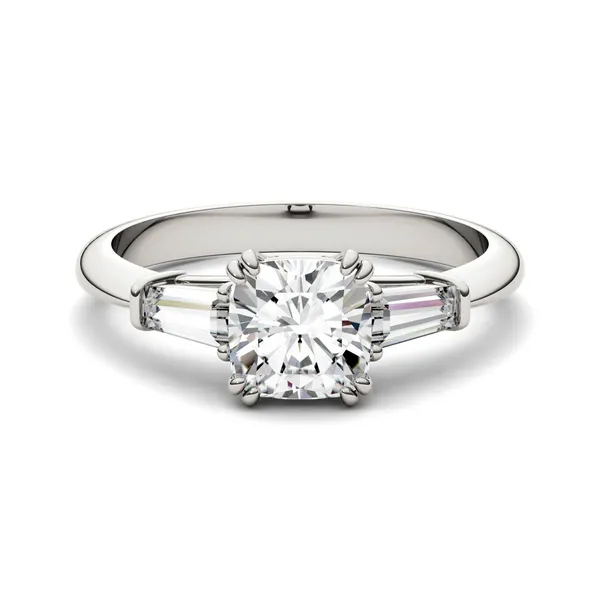 1.38 CTW DEW Cushion Forever One Moissanite Three Stone Engagement Ring in Platinum