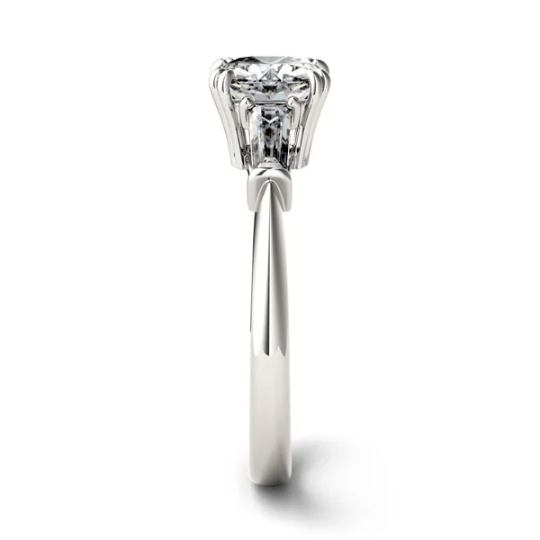 1.38 CTW DEW Cushion Forever One Moissanite Three Stone Engagement Ring in Platinum