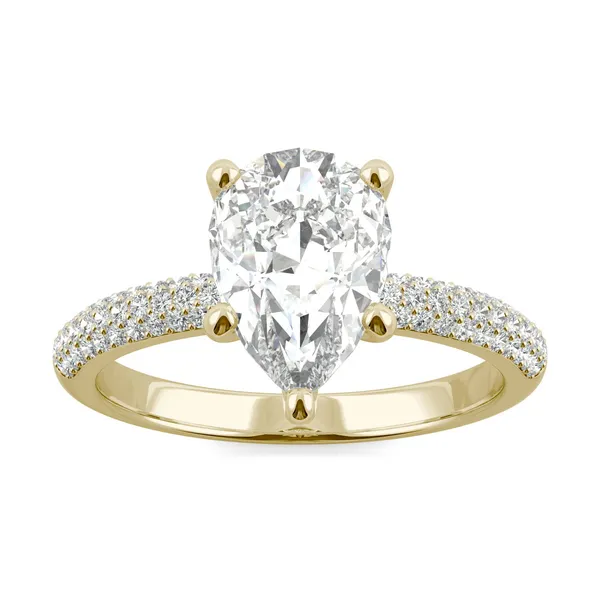 2.45 CTW DEW Pear Forever One Moissanite Micro Pave Ring in 14K Yellow Gold
