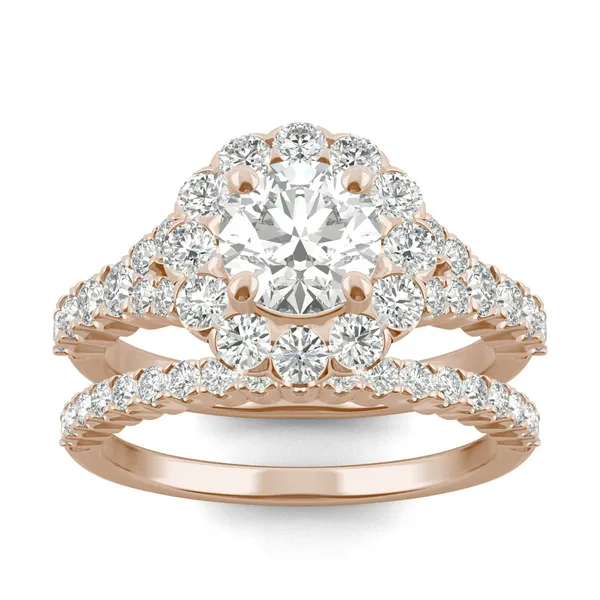 2.03 CTW DEW Round Forever One Moissanite Semi Bezel Halo Engagement Ring in 14K Rose Gold