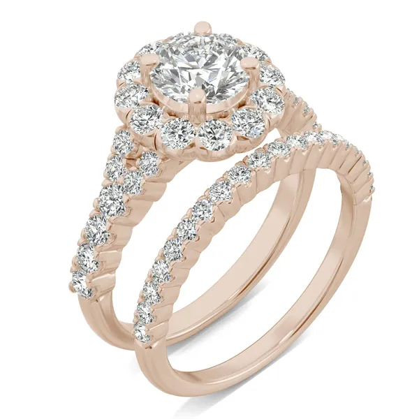 2.03 CTW DEW Round Forever One Moissanite Semi Bezel Halo Engagement Ring in 14K Rose Gold