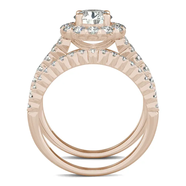 2.03 CTW DEW Round Forever One Moissanite Semi Bezel Halo Engagement Ring in 14K Rose Gold