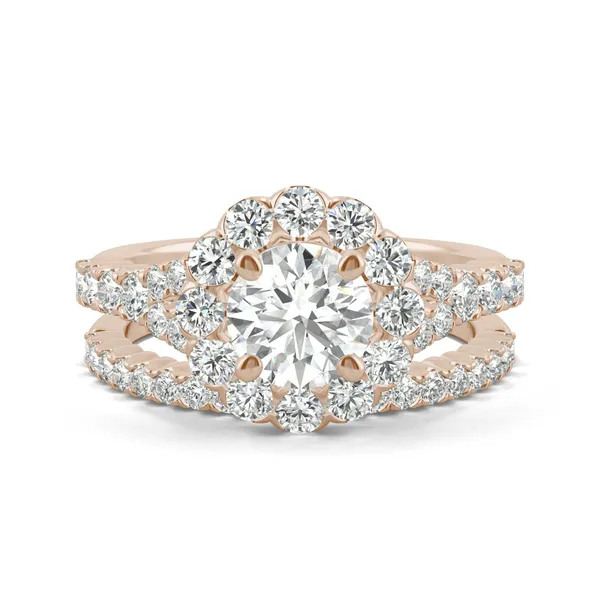 2.03 CTW DEW Round Forever One Moissanite Semi Bezel Halo Engagement Ring in 14K Rose Gold