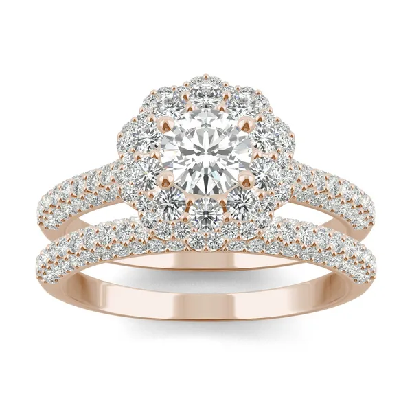 1.45 CTW DEW Round Forever One Moissanite Pave Double Halo Bridal Set Ring in 14K Rose Gold