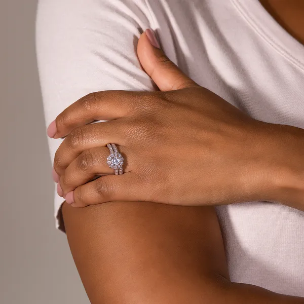 1.45 CTW DEW Round Forever One Moissanite Pave Double Halo Bridal Set Ring in 14K Rose Gold