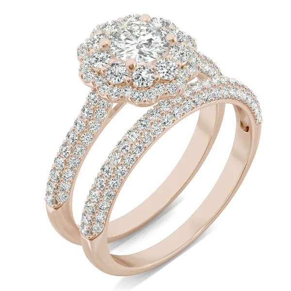 1.45 CTW DEW Round Forever One Moissanite Pave Double Halo Bridal Set Ring in 14K Rose Gold