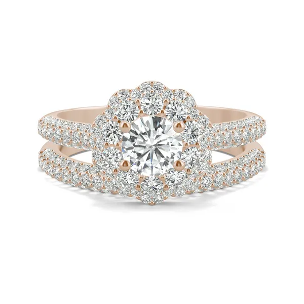 1.45 CTW DEW Round Forever One Moissanite Pave Double Halo Bridal Set Ring in 14K Rose Gold