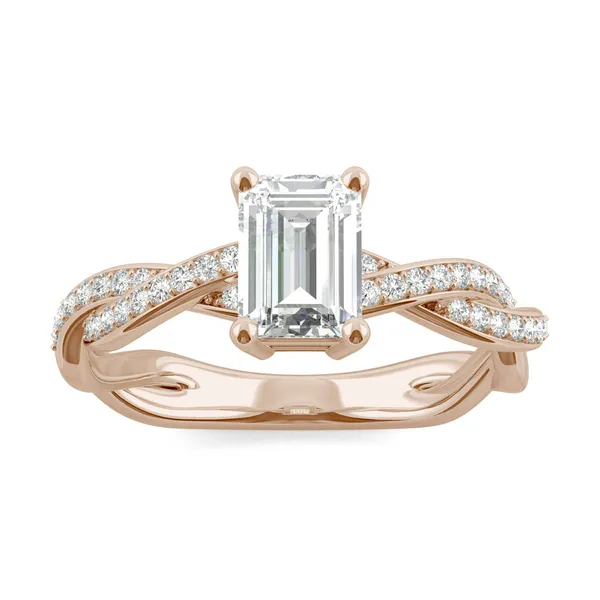 1.11 CTW DEW Emerald Forever One Moissanite Twist Side Stone Ring in 14K Rose Gold