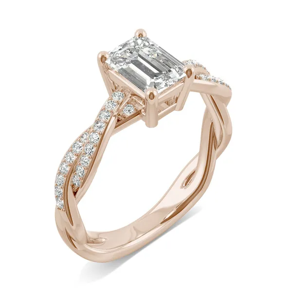 1.11 CTW DEW Emerald Forever One Moissanite Twist Side Stone Ring in 14K Rose Gold