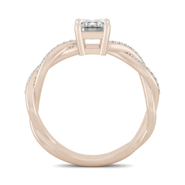 1.11 CTW DEW Emerald Forever One Moissanite Twist Side Stone Ring in 14K Rose Gold