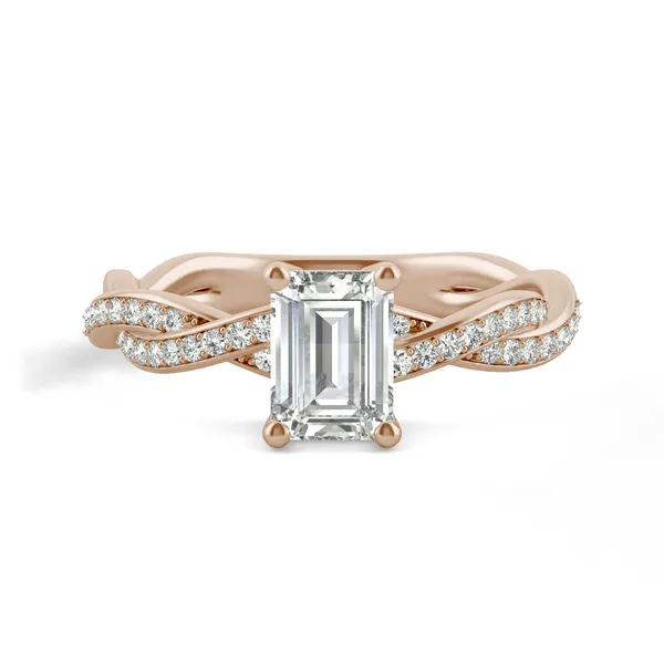 1.11 CTW DEW Emerald Forever One Moissanite Twist Side Stone Ring in 14K Rose Gold