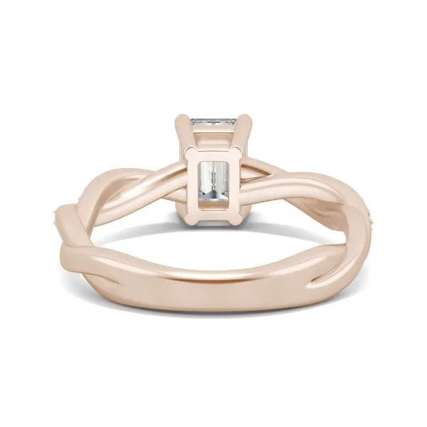 1.11 CTW DEW Emerald Forever One Moissanite Twist Side Stone Ring in 14K Rose Gold