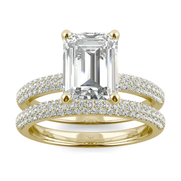 3.46 CTW DEW Emerald Forever One Moissanite Three Row Pave Wedding Set in 14K Yellow Gold