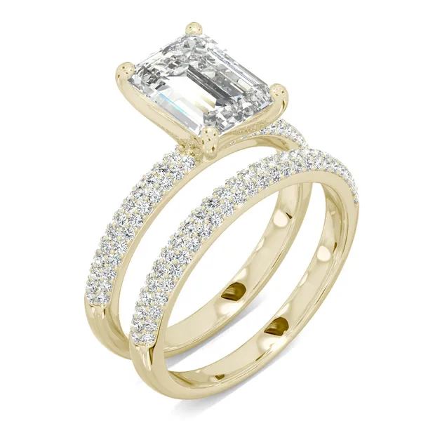 3.46 CTW DEW Emerald Forever One Moissanite Three Row Pave Wedding Set in 14K Yellow Gold
