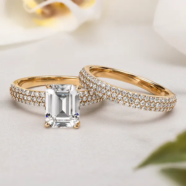 3.46 CTW DEW Emerald Forever One Moissanite Three Row Pave Wedding Set in 14K Yellow Gold