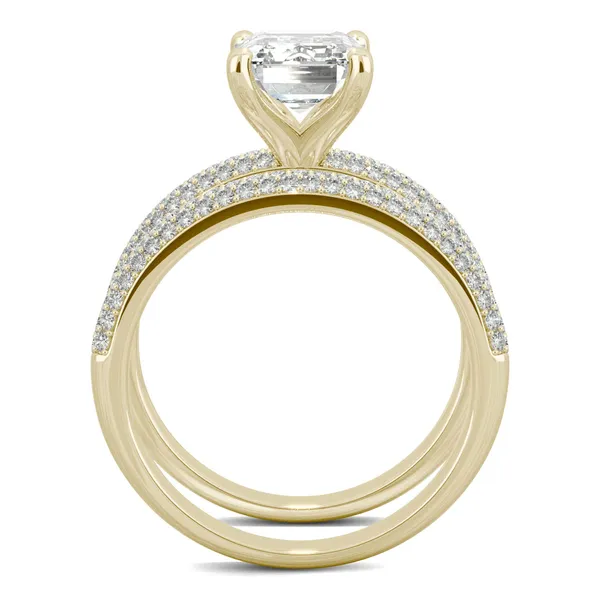 3.46 CTW DEW Emerald Forever One Moissanite Three Row Pave Wedding Set in 14K Yellow Gold
