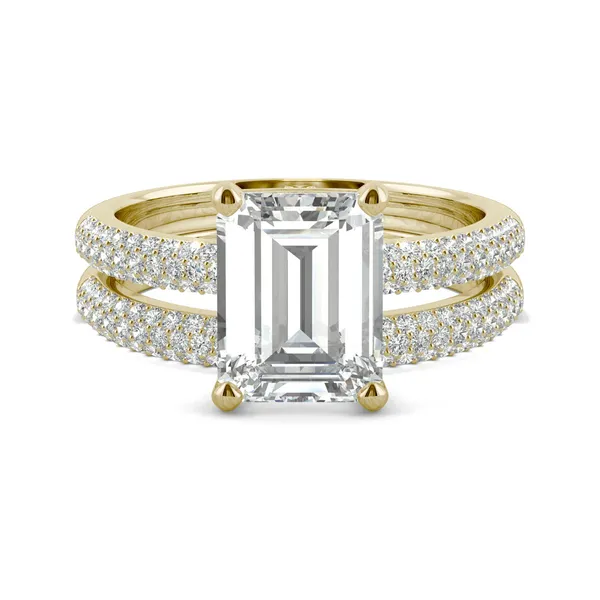 3.46 CTW DEW Emerald Forever One Moissanite Three Row Pave Wedding Set in 14K Yellow Gold