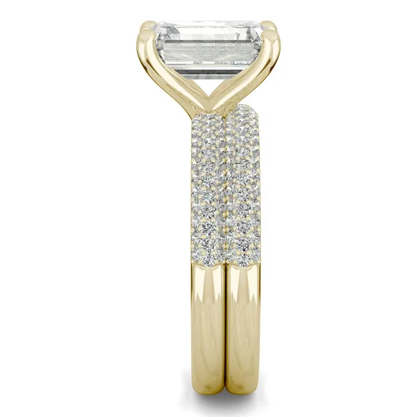 3.46 CTW DEW Emerald Forever One Moissanite Three Row Pave Wedding Set in 14K Yellow Gold