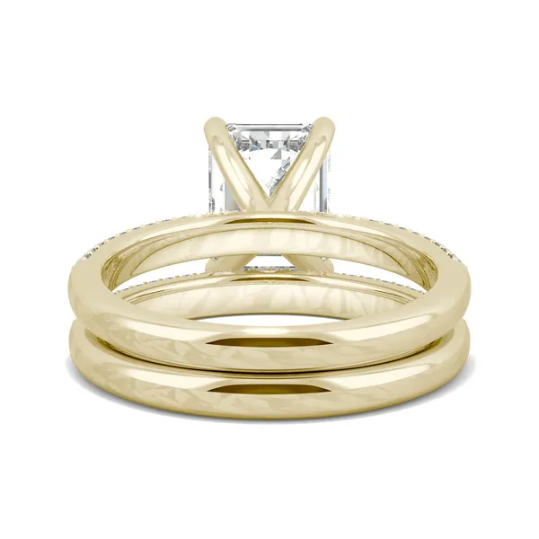 3.46 CTW DEW Emerald Forever One Moissanite Three Row Pave Wedding Set in 14K Yellow Gold