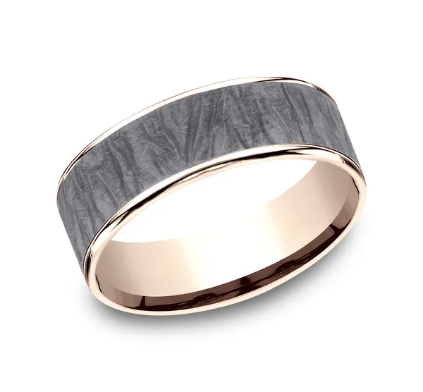6.5mm Fabric Patterned Mens Band in Two-Tone Grey Tantalum and 14K Rose Gold