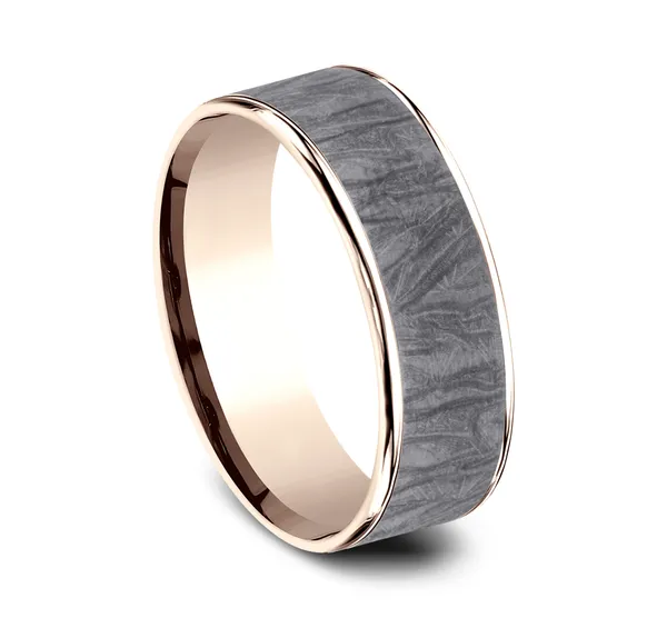 6.5mm Fabric Patterned Mens Band in Two-Tone Grey Tantalum and 14K Rose Gold